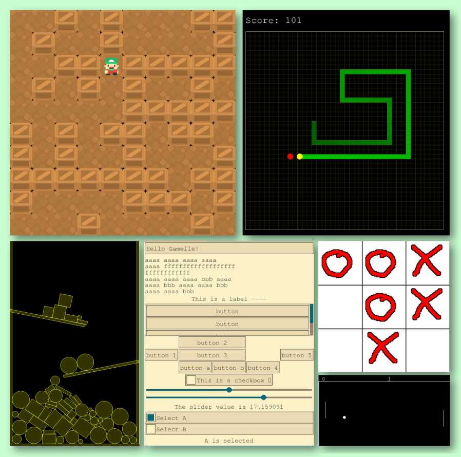 Screenshots of sokoban, snake, physics, gui demo, tic-tac-toe, pong